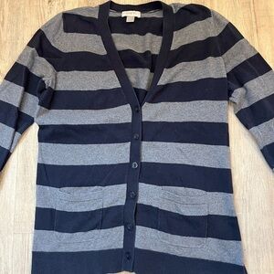 LOFT Navy and Gray Striped V Neck Cardigan Large
